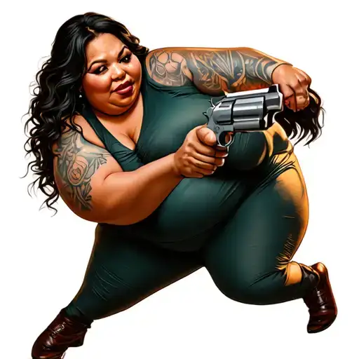 Obese Woman Pointing Gun At Another Obese Woman