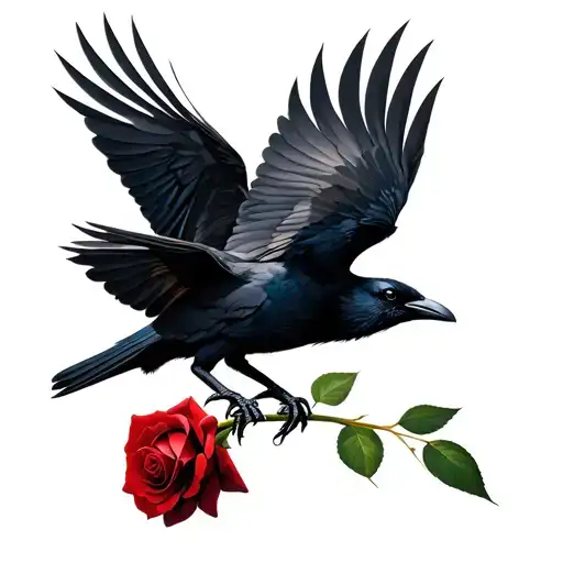 A Crow That Is Flying Holding The Stem Of A Single Red Rose In Its Claws