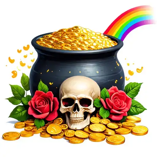 Pot Of Gold Coins With Skulls And Roses And Rainbow