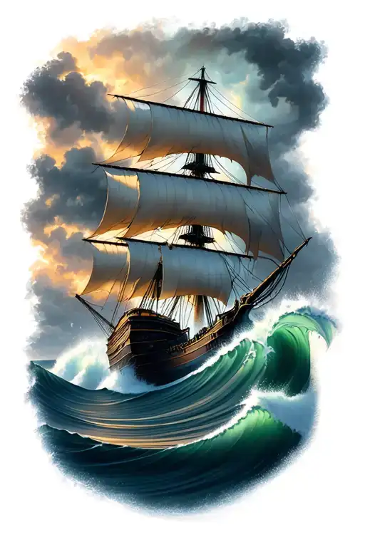 Galley Ship In Dark Stormy Seas On A Big Wave