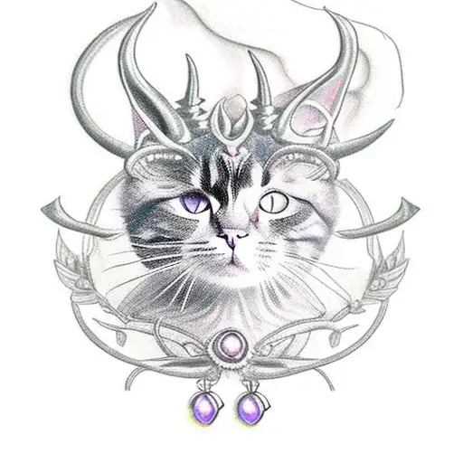 A Cat With Horns And Gems Around It With Purple Highlights