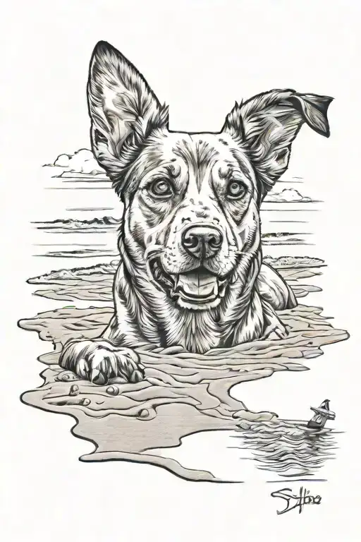 Sunrisre On Sand Beach With Dog Playing