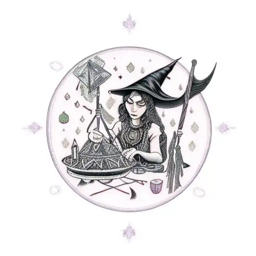 A Witch Knitting A Spell Into A Tapestry Of Magical Symbols