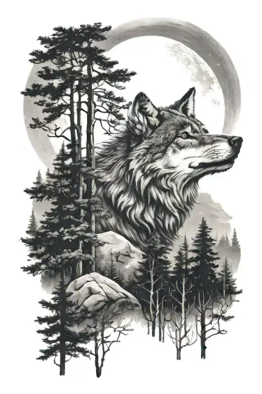 A Wolf In A Forest With Moon Rising