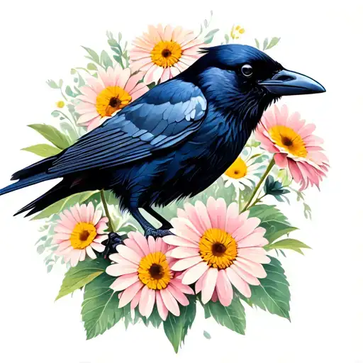 Crow With Gerber Daisies