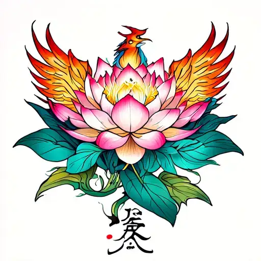 Phoenix With Lotus Flower And Word Resilience