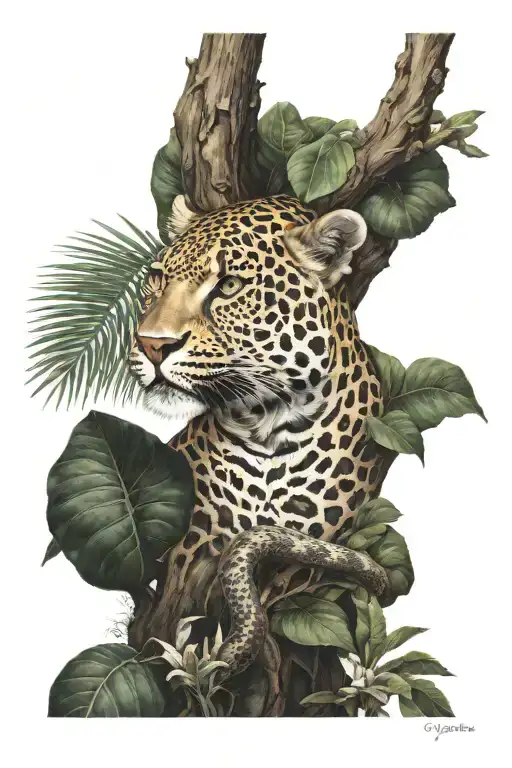 Leopard And Snake With Huge Head In A Jungle Tree