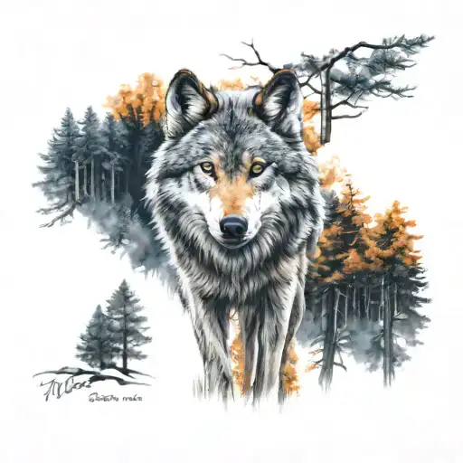 Wolf With Blue Eyes Surrounded By Forest Scene