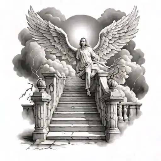Lighting And Thunder With Angel Arms Open Clouds Stairs Leading
