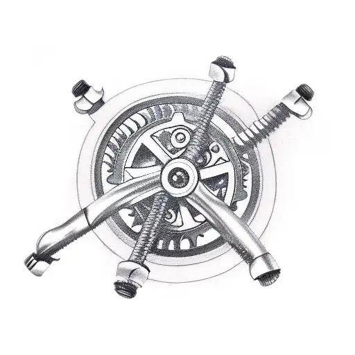 An Industrial-inspired Tattoo Of Fishing Hooks With Gears And Mechanical Elements