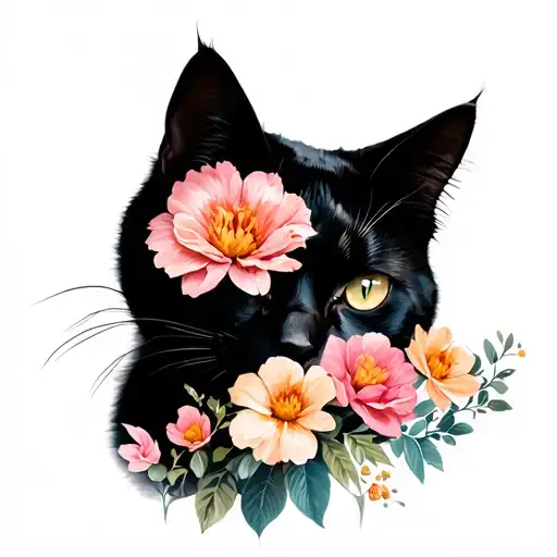 Cat Sillouette With Flowers Growing