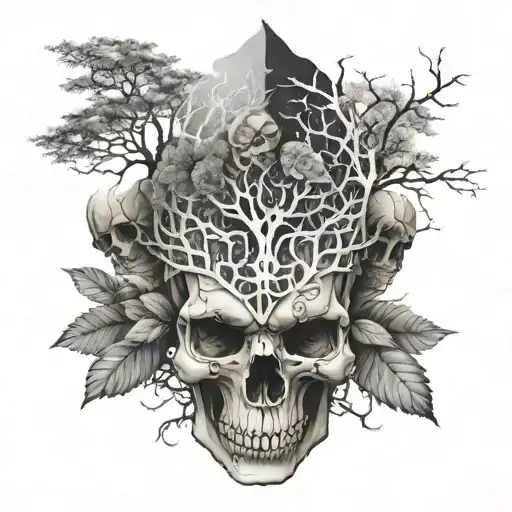 Skull Face Tattoo Design Featuring Elements Like Trees