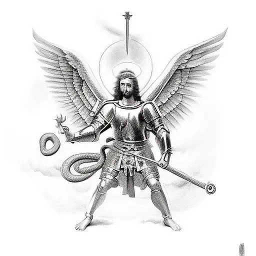 Saint Michael Fighting A Chimaera With The Snake Tail Wrap In The Style Of Renaissance Art