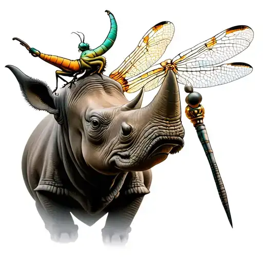 Rhino With Dragonfly Perched On Its Head