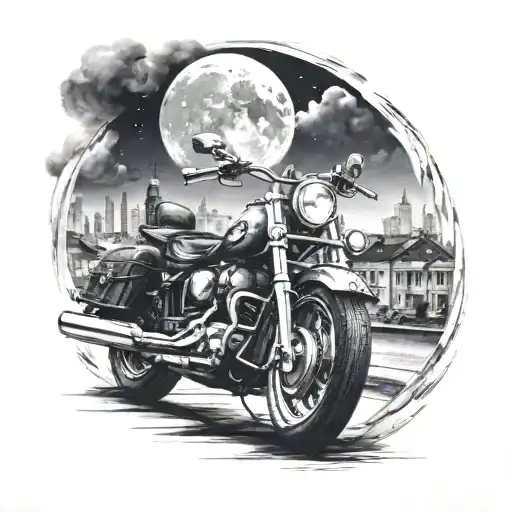 Motorcycle In City And Moon