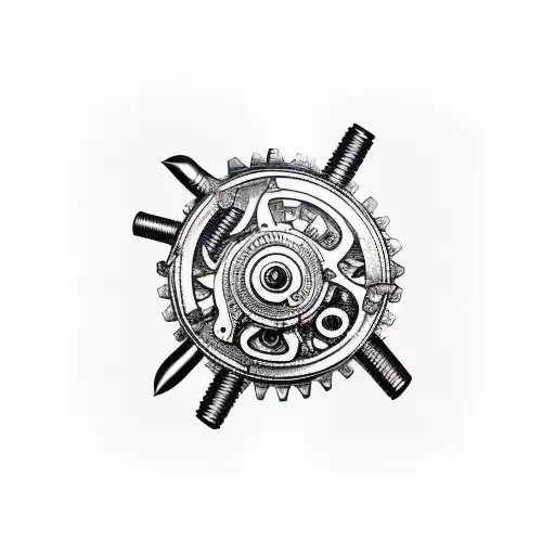 An Industrial-inspired Tattoo Of A Fishing Hook With Gears And Mechanical Elements