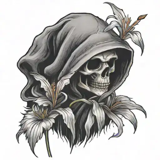 A Black And Grey Photorealistic Small Cute Grim Reaper Looking At And Holding A Tiny Spider Lily