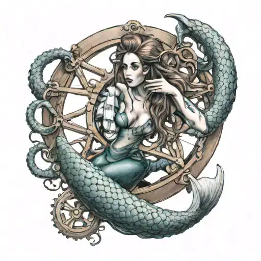 Mermaid Holding Onto Ships Wheel With An Octopus Wrapping Its Tentacles Around