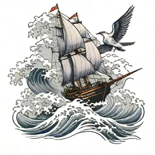 Ship Bird Japanese Wave