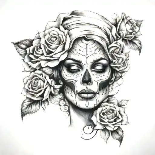 A Woman's Face And In The Middle A Skull With Some Roses