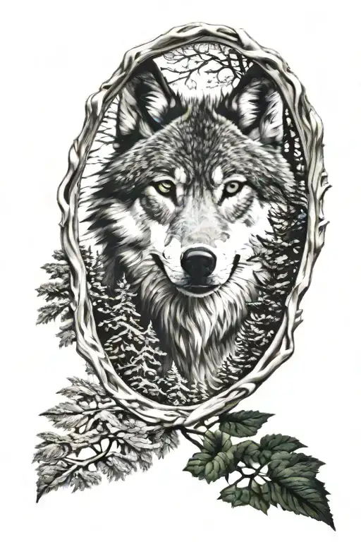 Wolf In Front Of Trees Looking Through Lens