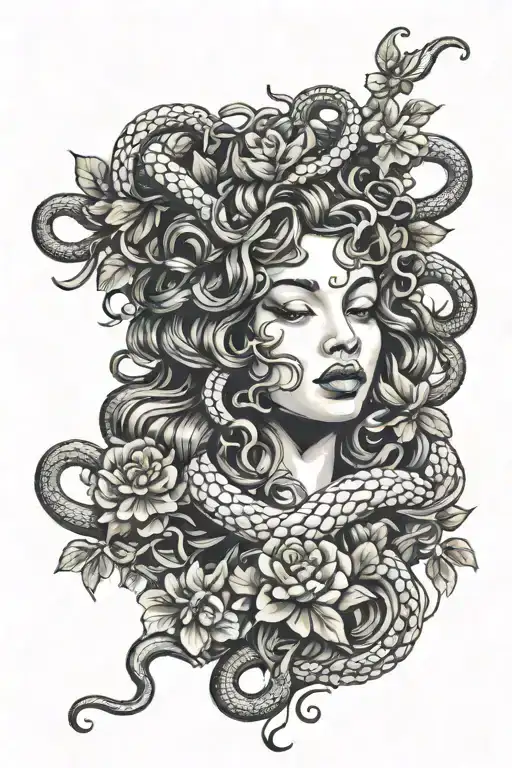 Medusa Head Surrounded By Snakes And Flowers Intertwined