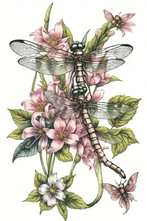 Wildflowers Blooming Tied With Pink Ribbon Intertwined Dragonfly