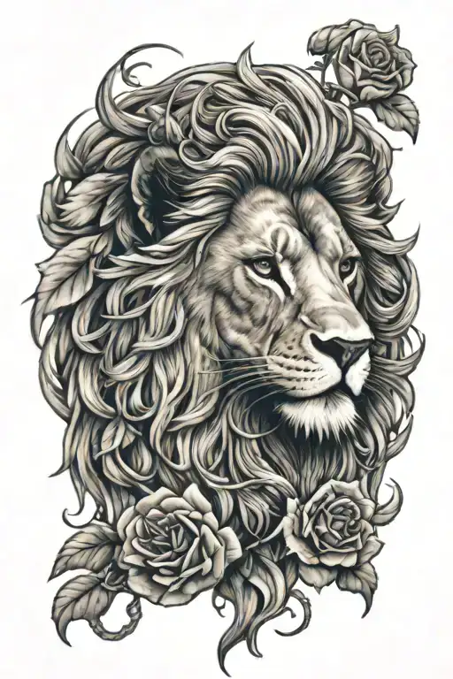 A Detailed Lion's Head With A Mane Made Of Intricate Leo Zodiac Symbols And Roses Intertwined