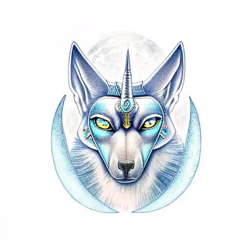Anubis With Blue Eyes And A Glowing Moon Above