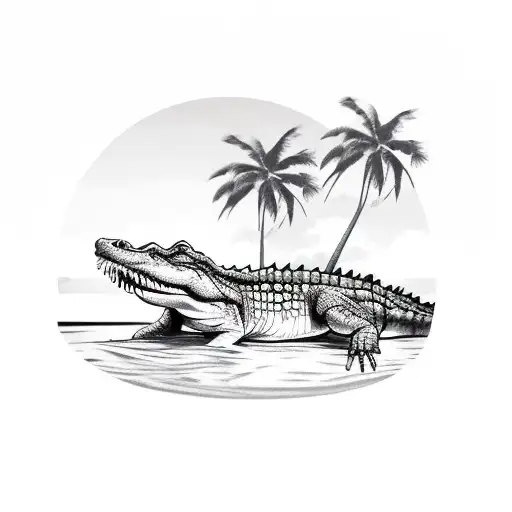 A Realistic Crocodile Swimming In A Tropical Paradise With Palm Trees And A Sunset In The Background
