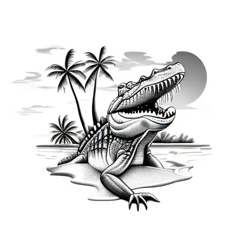 A Realistic Crocodile Swimming In A Tropical Paradise With Palm Trees And A Sunset In The Background