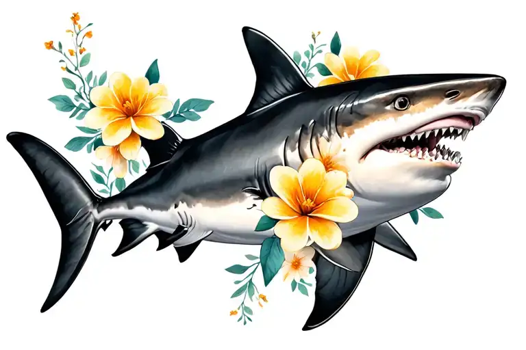 Black And Grey Lemon Shark With Flowers For A Female Forearm