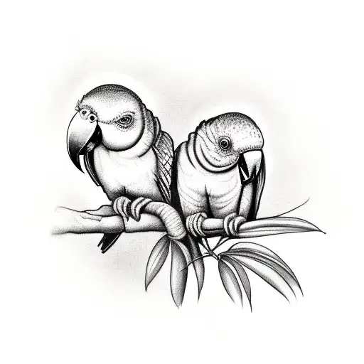 Two Nymph Parrots Having A Romantic Moment Atop A Six-leaf Palm Tree