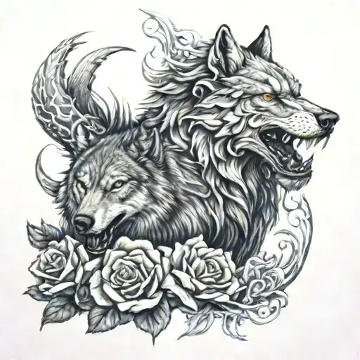 Wolf And Dragon With Rose