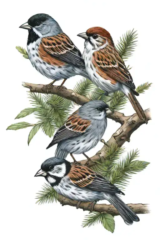 Slate-colored Junco And American Tree Sparrow Perched On Bare Branch