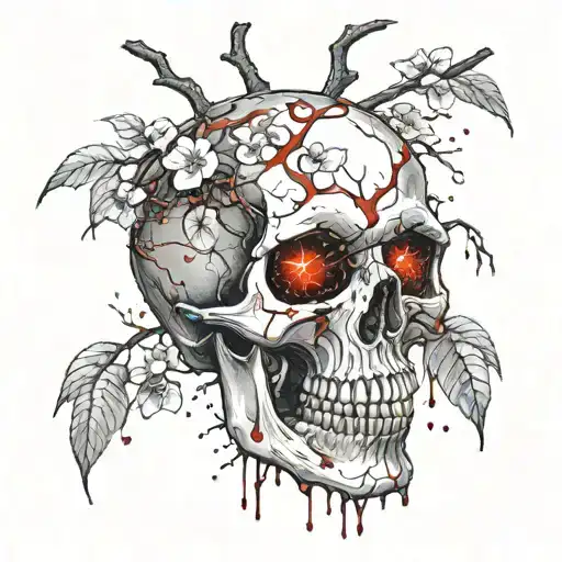Skull With Glowing Red Leaking Eyes Under A Cherry Tree With Falling Petals