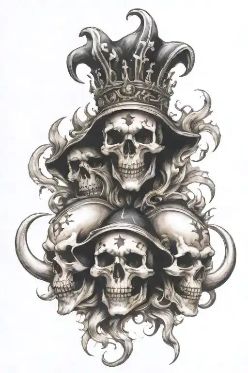 Jester Skulls With Flames And Nautical Stars