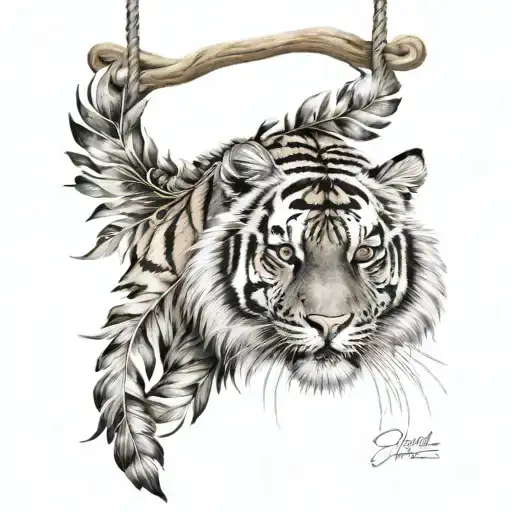 Tiger With Feathers Hanging From It