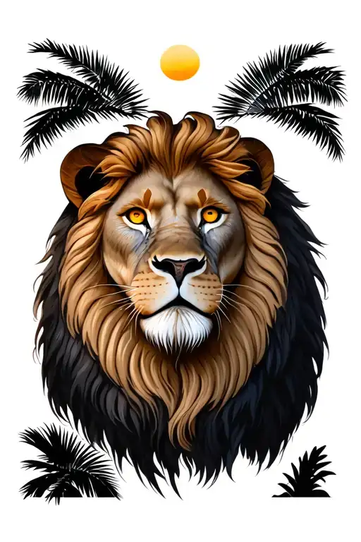Lion With Golden Eyes Surrounded By Palms Rising Sun