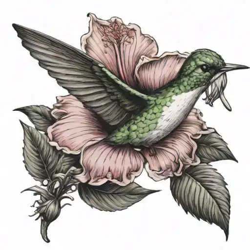 Flying Hummingbird Pollinates An Open Hibiscus With Ornaments