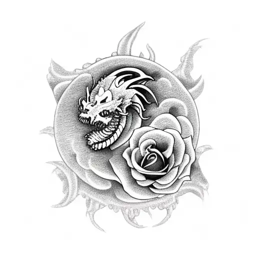 Dragon With Rose And Skull
