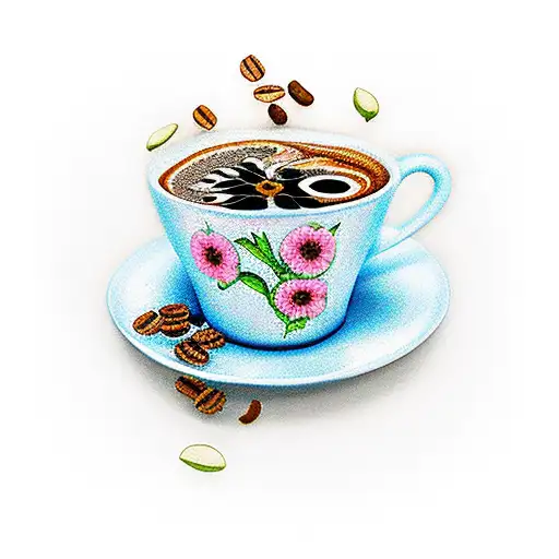 Flowers Flowing Around A Coffee Cup And Dominos That Says Five Five Five