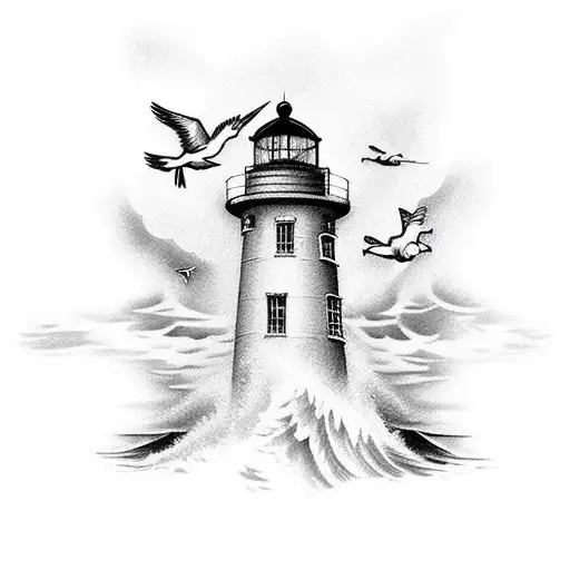 Lighthouse With 2 Birds Flying Away With Thunder And Waves In The Background