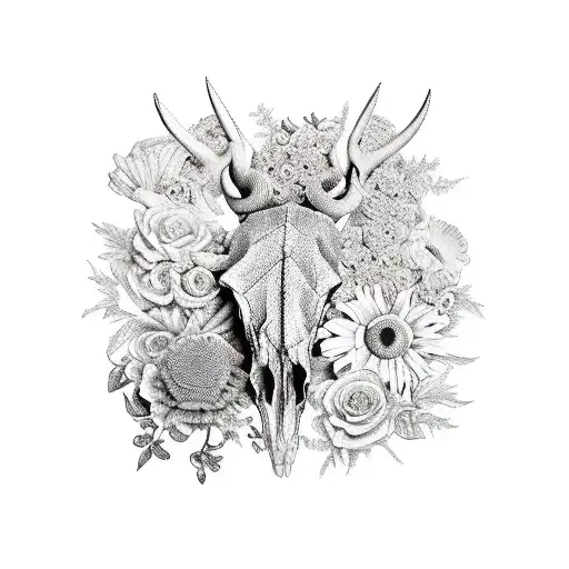 A Realistic Taxidermy Scene With Various Animal Skulls Surrounded By Lush Plants And Flowers