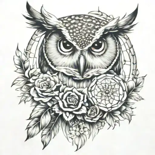 Owl And Dreamcatcher With Flowers Intertwined