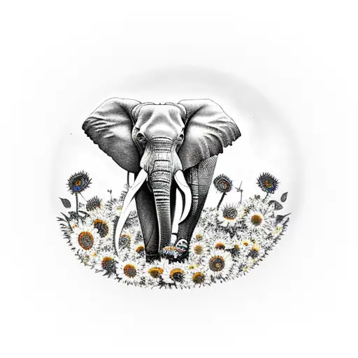 Elephant Surrounded By A Field Of Sunflowers