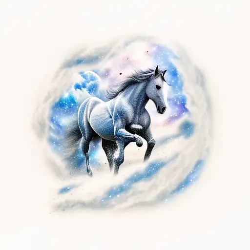 A Majestic Horse Galloping Through A Mountainous Landscape With A Galaxy-filled Sky Above