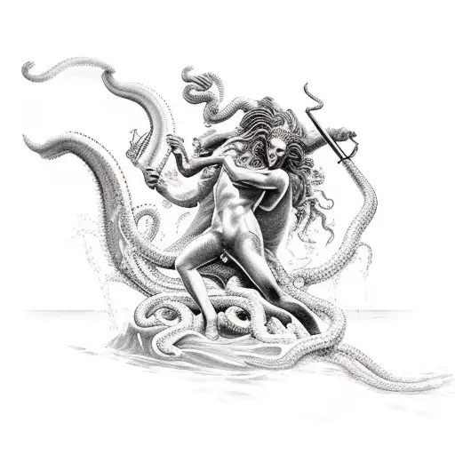 Medusa Fighting Poseidon With Background