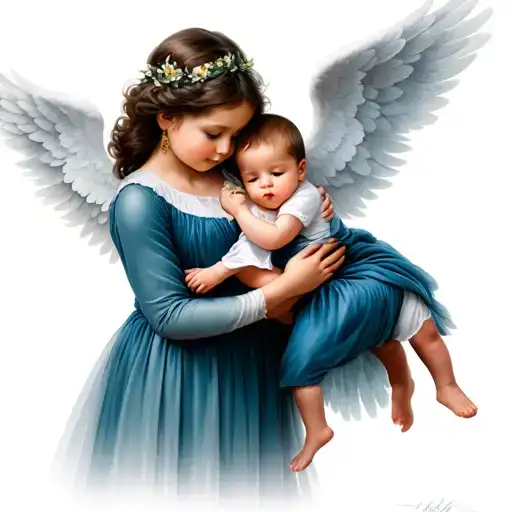 Toddler Sister With Wings Holding Baby Brother With Wings