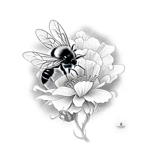 Black And White Gothic Design Of A Bee With Snapdragons And Queen Of Anne's Lace